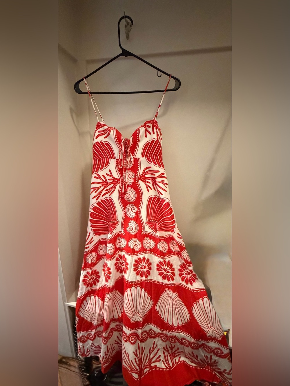 FARM Rio Red White Shell Print Linen Blend Maxi Dress Size Small - Picture 2 of 9
